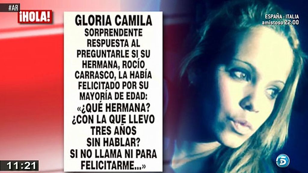 Gloria Camila, sobre Rocío Carrasco: "¿Qué hermana? ¿Con la que llevo tres años sin hablar?"
