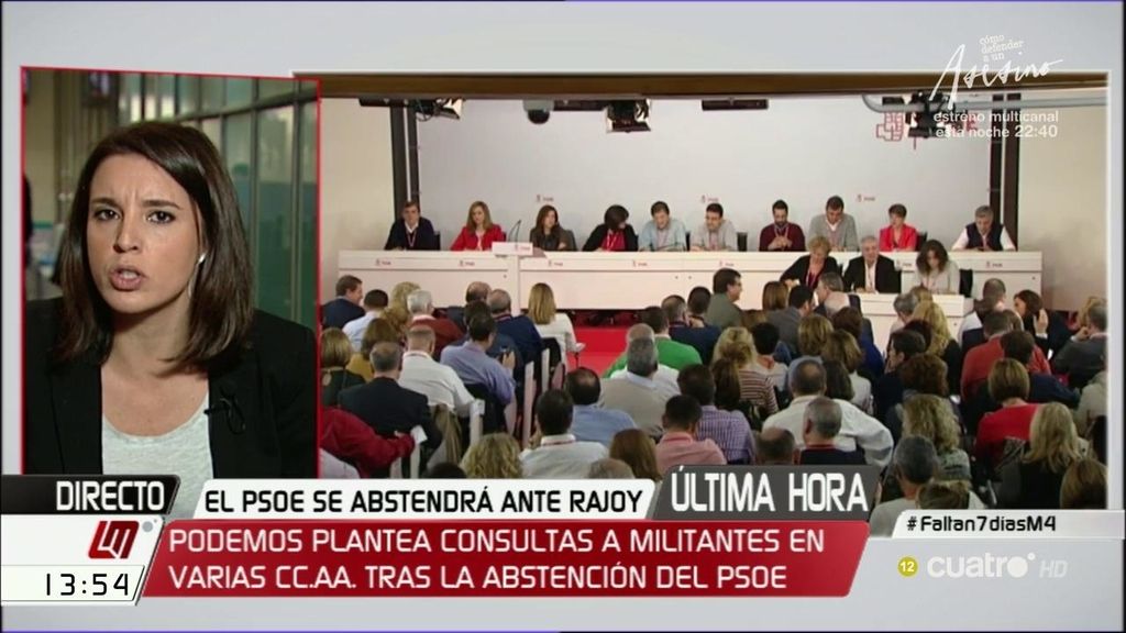 I. Montero: “El PSOE ha decidido culminar el golpe de régimen con un ‘abstencionazo”