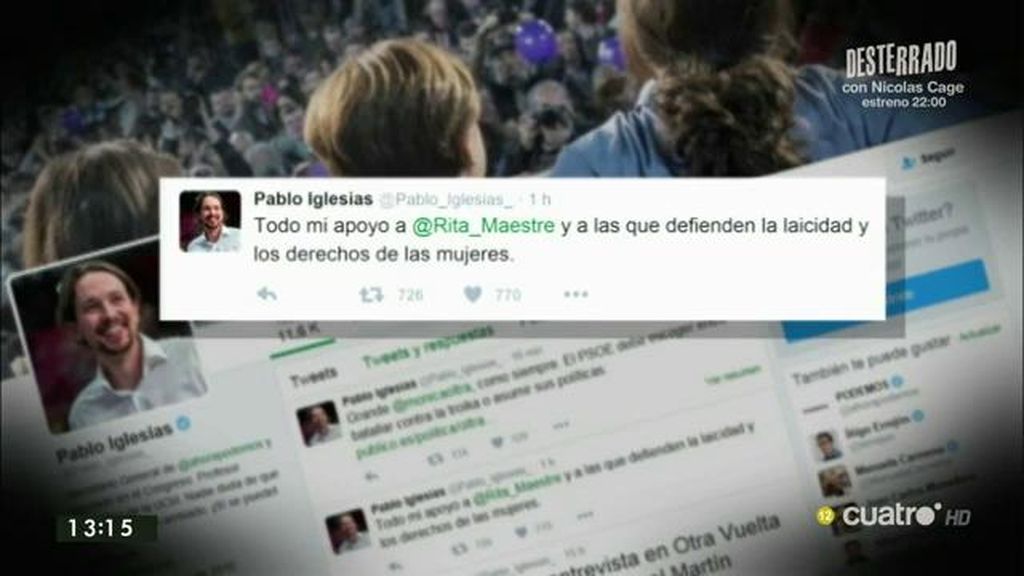 Pablo Iglesias, en Twitter: “Todo mi apoyo a Rita Maestre y a las que defienden la laicidad y los derechos de las mujeres”