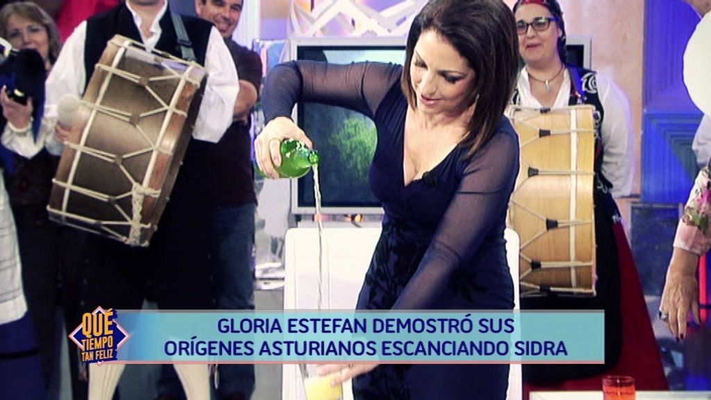De orígenes asturianos, Gloria Estefan, nos mostró el arte de escanciar sidra