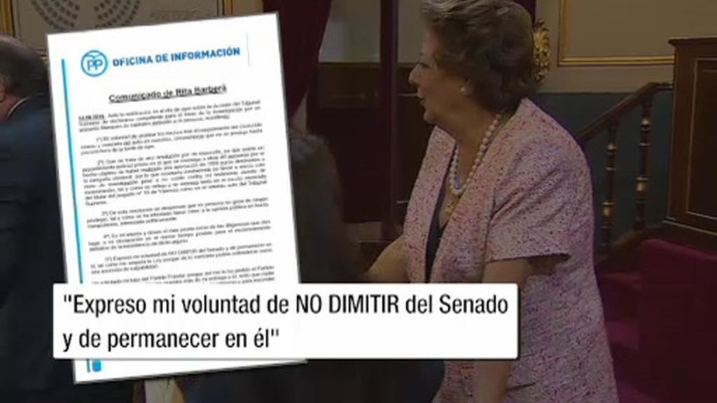 Rita Barberá: "Expreso mi voluntad de no dimitir del Senado y de permanecer en él"