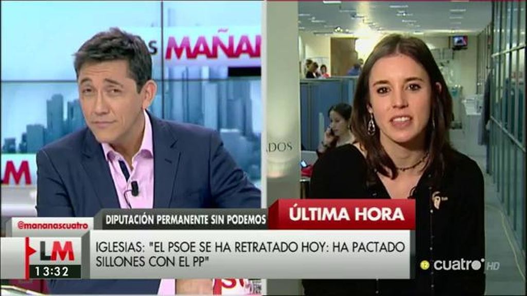 Irene Montero, sobre el PSOE: “Los hechos demuestran que están muy cómodos en esa gran coalición”