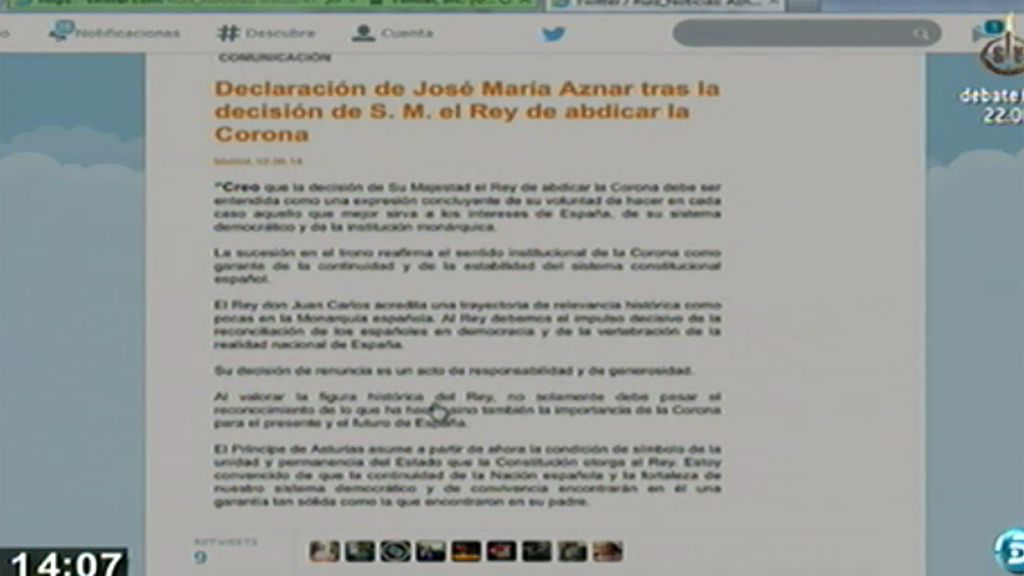 José María Aznar, sobre la abdicación del Rey: "Su decisión de renuncia es un acto de responsabilidad y generosidad"