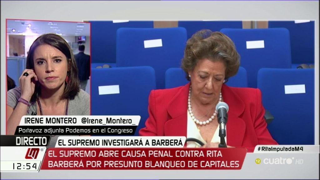Irene Montero: “Que a nivel político represente a los ciudadanos una persona como Barberá ya no lo aguanta nadie”