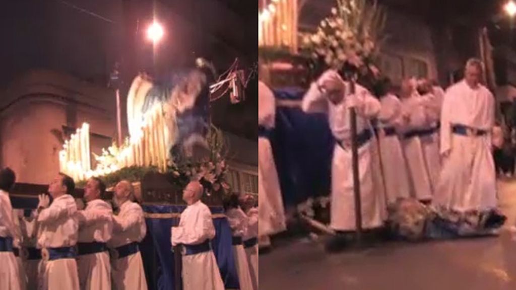 La imagen de la Virgen de los Dolores se cae sobre un nazareno