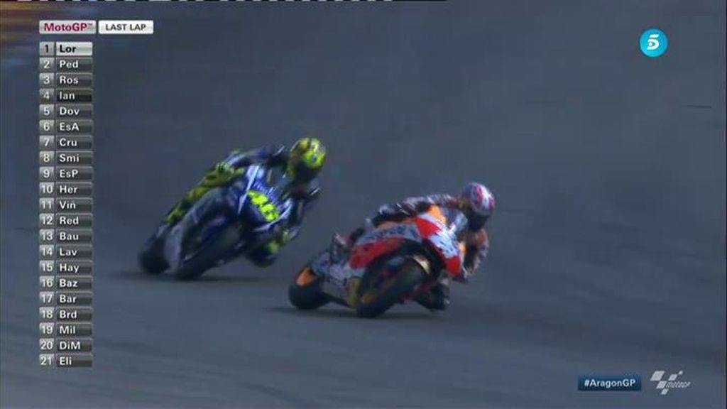 La espectacular batalla de adelantamientos de Pedrosa y Rossi en el GP de Aragón