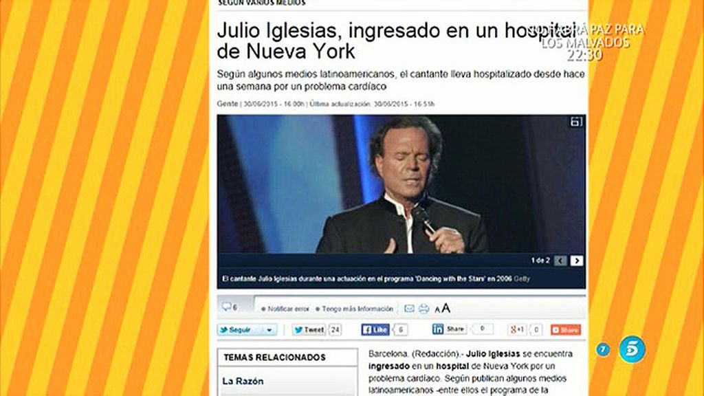 Julio Iglesias podría estar ingresado en un hospital de Nueva York
