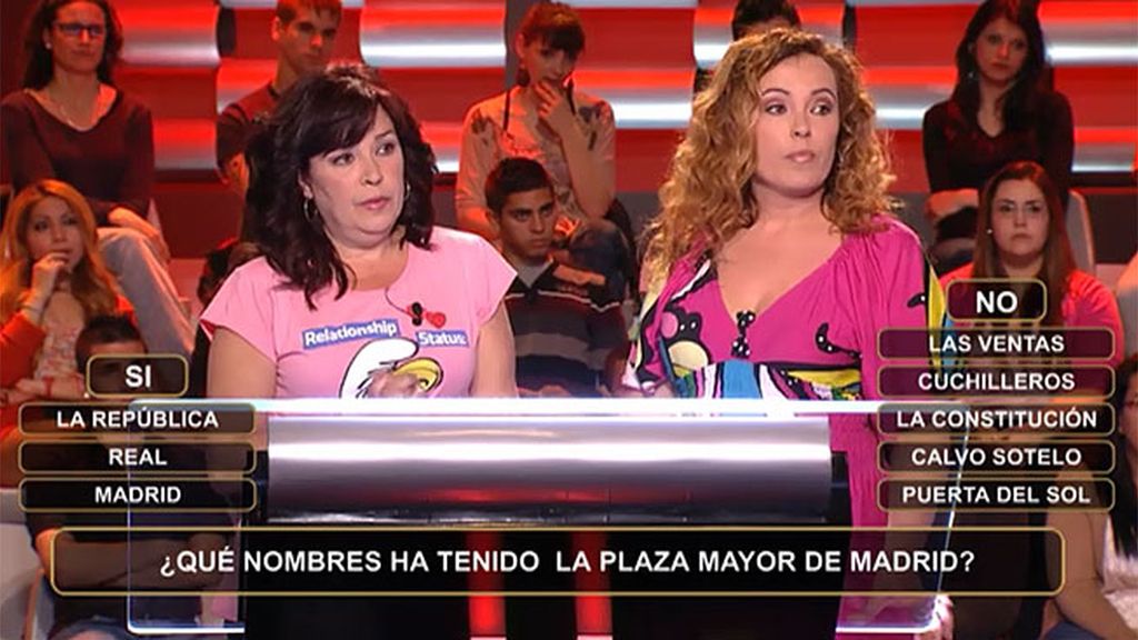 Dos hermanas frente a los nombres de la Plaza Mayor de Madrid