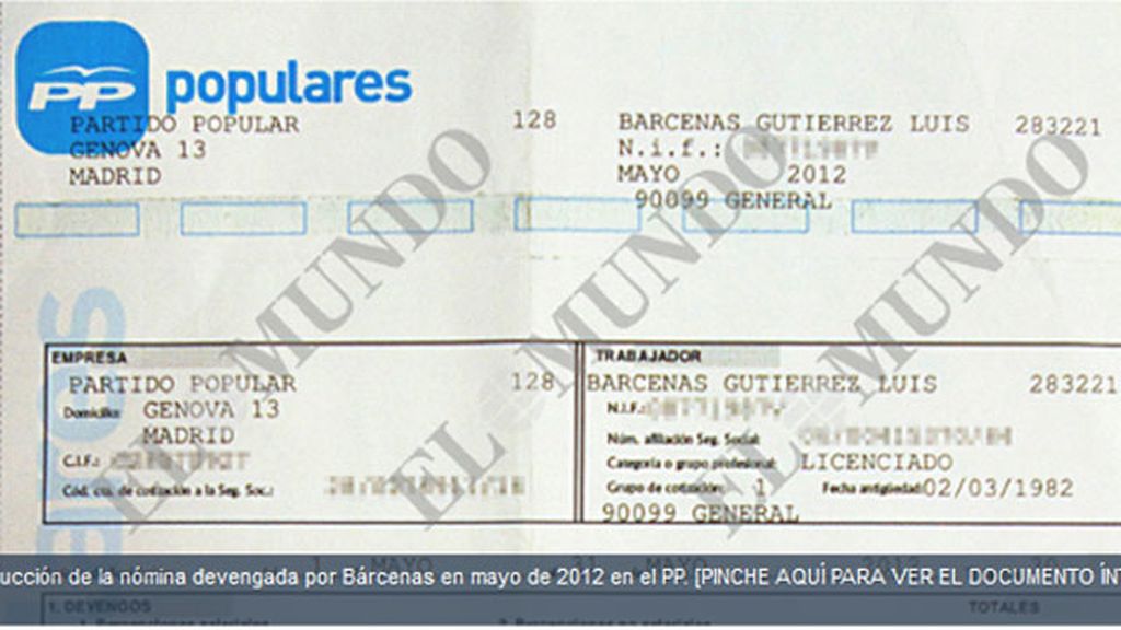 Bárcenas estuvo en nómina del PP hasta mayo de 2012