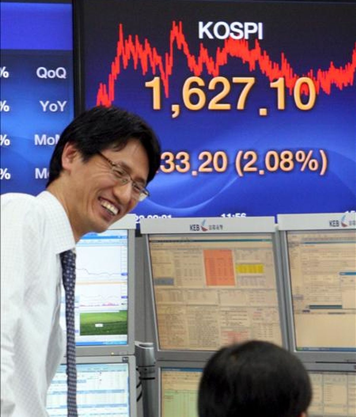 Dos hombres conversan frente a un tablero electrónico que muestra el valor del índice Kospi del mercado surcoreano. EFE/Archivo