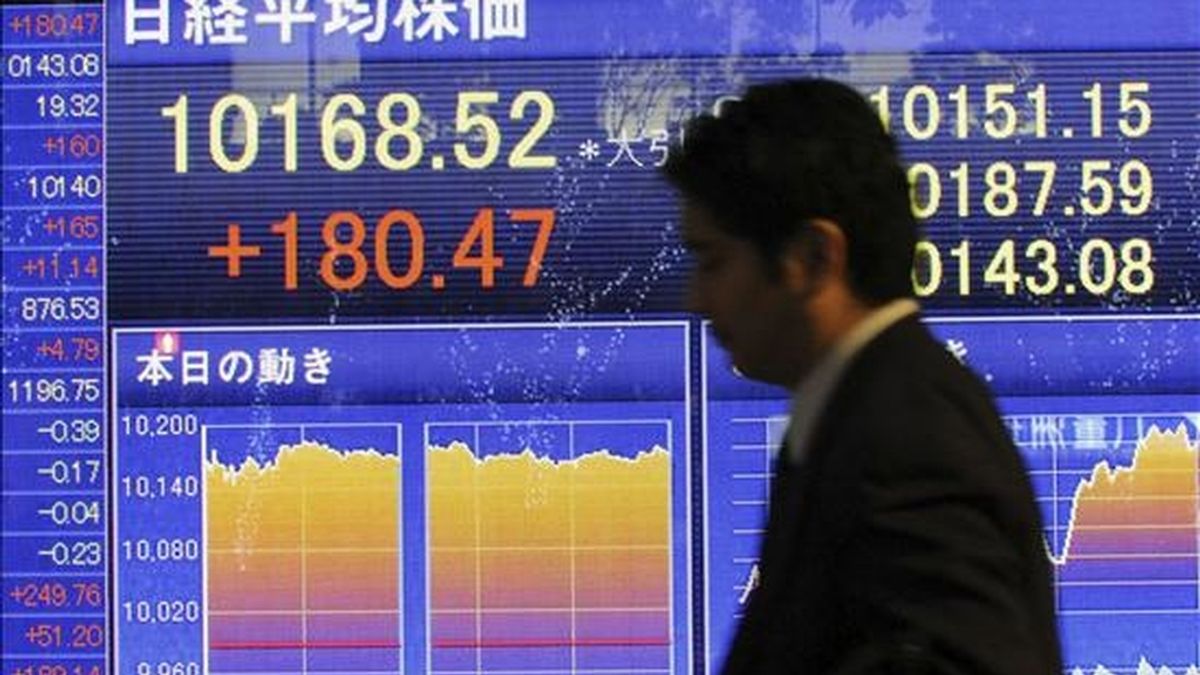 Un hombre pasa por delante de una pantalla que refleja EL índice Nikkei de la Bolsa de Valores de Tokio. EFE/Archivo Un hombre pasa por delante de una pantalla que refleja EL índice Nikkei de la Bolsa de Valores de Tokio. EFE/Archivo