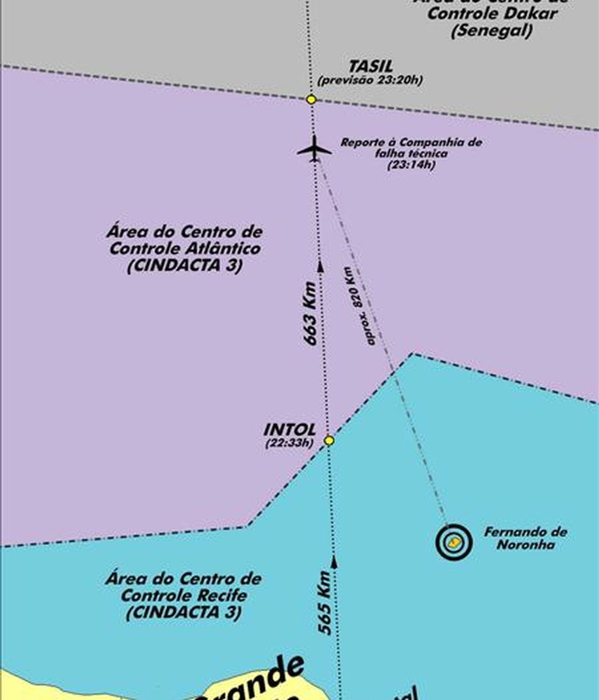 Gráfico cedido por la Fuerza Aérea Brasileña en el que se observa el lugar sobre el océano Atlántico en el que se perdió contacto el pasado domingo por la noche con el Airbus A330-200 de Air France que volaba entre Río de Janeiro y París. EFE