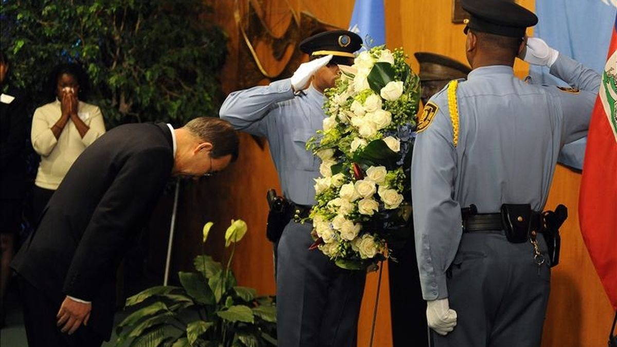 El secretario general de las Naciones Unidas Ban Ki-moon, durante la ceremonia de conmemoración del primer aniversario del terremoto de Haití en la sede de las Naciones Unidas en Nueva York, EE.UU. EFE