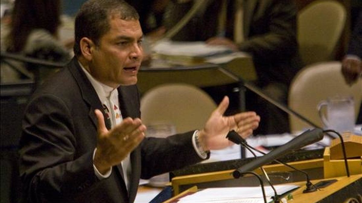 Imagen de este jueves del presidente de Ecuador, Rafael Correa, durante su discurso ante la Asamblea General de las Naciones Unidas. EFE