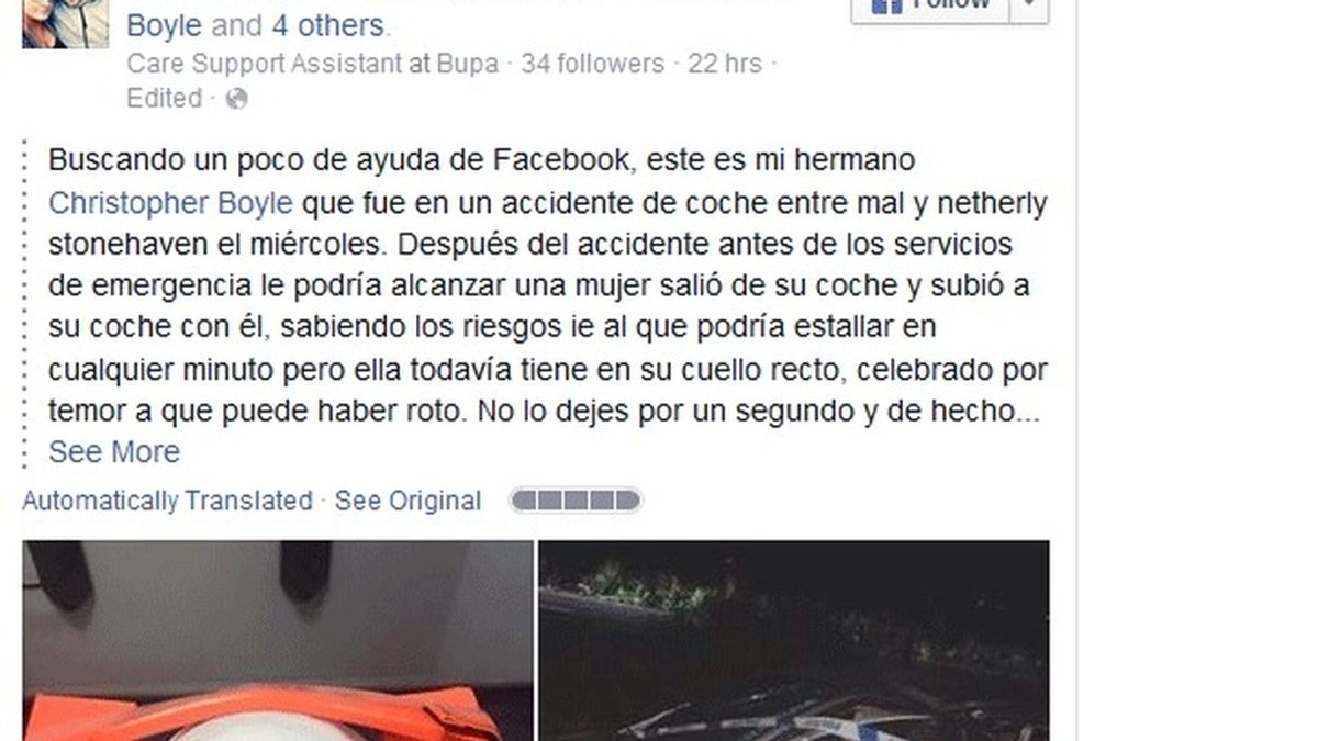 Superviviente de un accidente de coche busca en Facebook a la persona que le salvó la vida