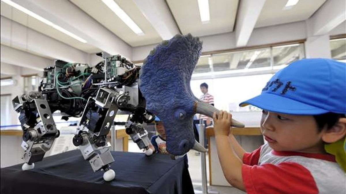 Un niño juega con robot "Banryu", (dragón guardian, en español), durante una demostración llevada a cabo con motivo de la apertura del Veda International Robot R&D Center en Munakata, al sur de Japón. EFE/Archivo