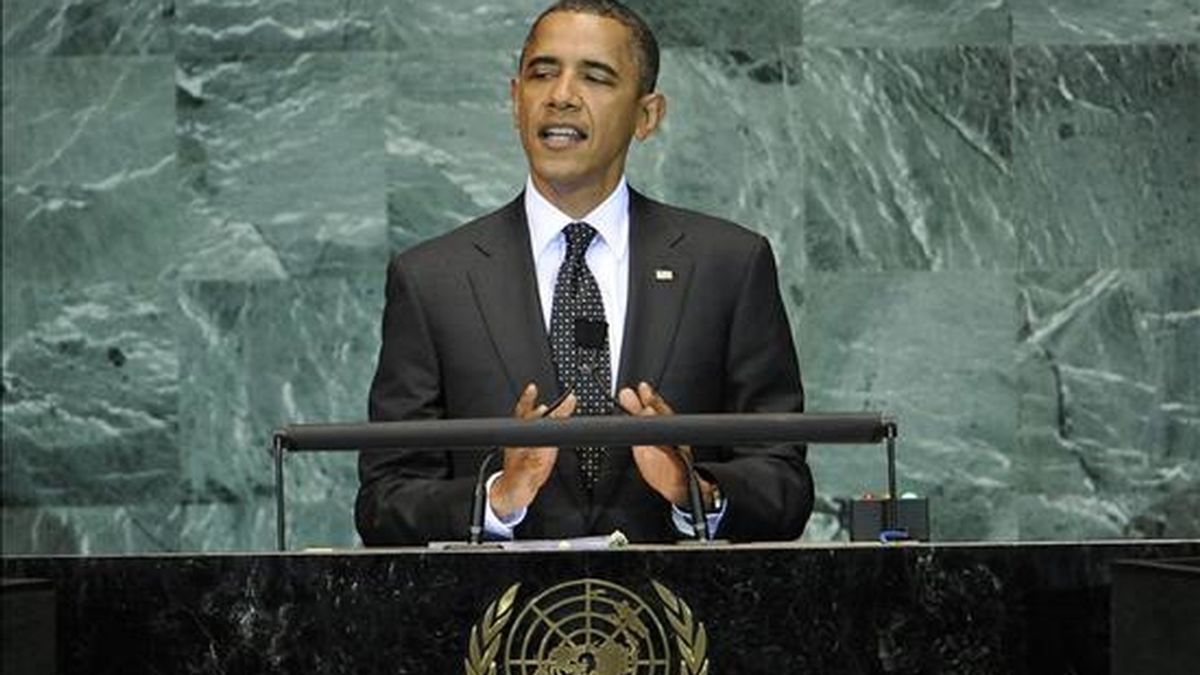 El presidente de Estados Unidos, Barack Obama habla este miércoles en la cumbre de la ONU en Nueva York (EEUU) durante la cual se revisaron los Objetivos de Desarrollo del Milenio. EFE