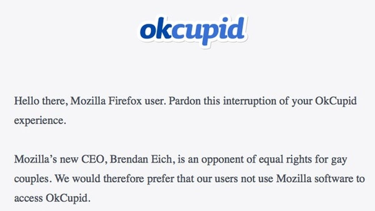 Mensaje de OkCupid para los usuarios de Mozilla Firefox