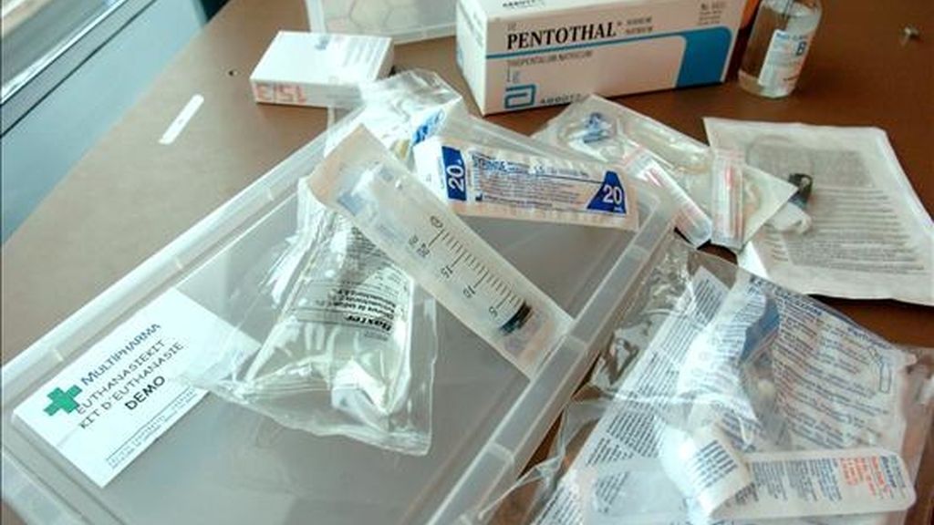 Vista del llamado "kit de eutanasia" que se vende en algunas farmacias de Bélgica, dirigido sólo a profesionales para la medicina. La caja contiene una decena de medicinas y medios auxiliares, como un goteo, jeringuillas, agujas normales y otra adaptada para la perfusión. Los dos medicamentos más importantes de la caja son pentotal, un somnífero que se usa para anestesiar, y Norcuron, un relajante muscular. EFE Vista del llamado "kit de eutanasia" que se vende en algunas farmacias de Bélgica, dirigido sólo a profesionales para la medicina. La caja contiene una decena de medicinas y medios auxiliares, como un goteo, jeringuillas, agujas normales y otra adaptada para la perfusión. Los dos medicamentos más importantes de la caja son pentotal, un somnífero que se usa para anestesiar, y Norcuron, un relajante muscular. EFE