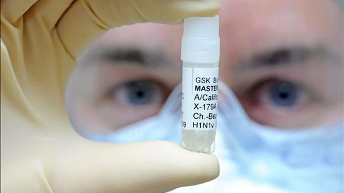Un empleado de la farmacéutica 'GlaxoSmithKline' presenta una muestra del virus de la Gripe A antes de inyectárselo a unos huevos de pollo en un laboratorio de alta seguridad en Dresde (Alemania), el 15 de junio de 2009. EFE