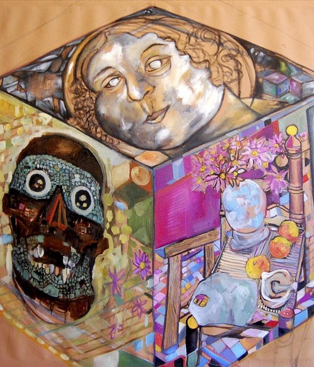 Imagen cedida por los artistas Luis Alberto Álvarez, Antonio Russo y Carlos Atoche que muestra una obra de la exposición "El cubo negro" , inaugurada hoy en Roma y en la que dichos artistas que demuestran que es posible concienciar al mundo de los problemas sociales del siglo XXI a través de la belleza y no de creaciones que infunden temor. EFE