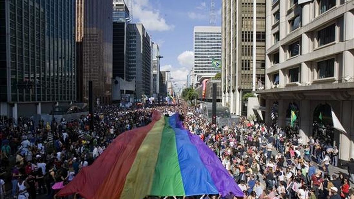 Vista general de miles de participantes de la comunidad homosexual durante el XIII desfile del "Orgullo Gay", en Sao Paulo (Brasil). EFE
