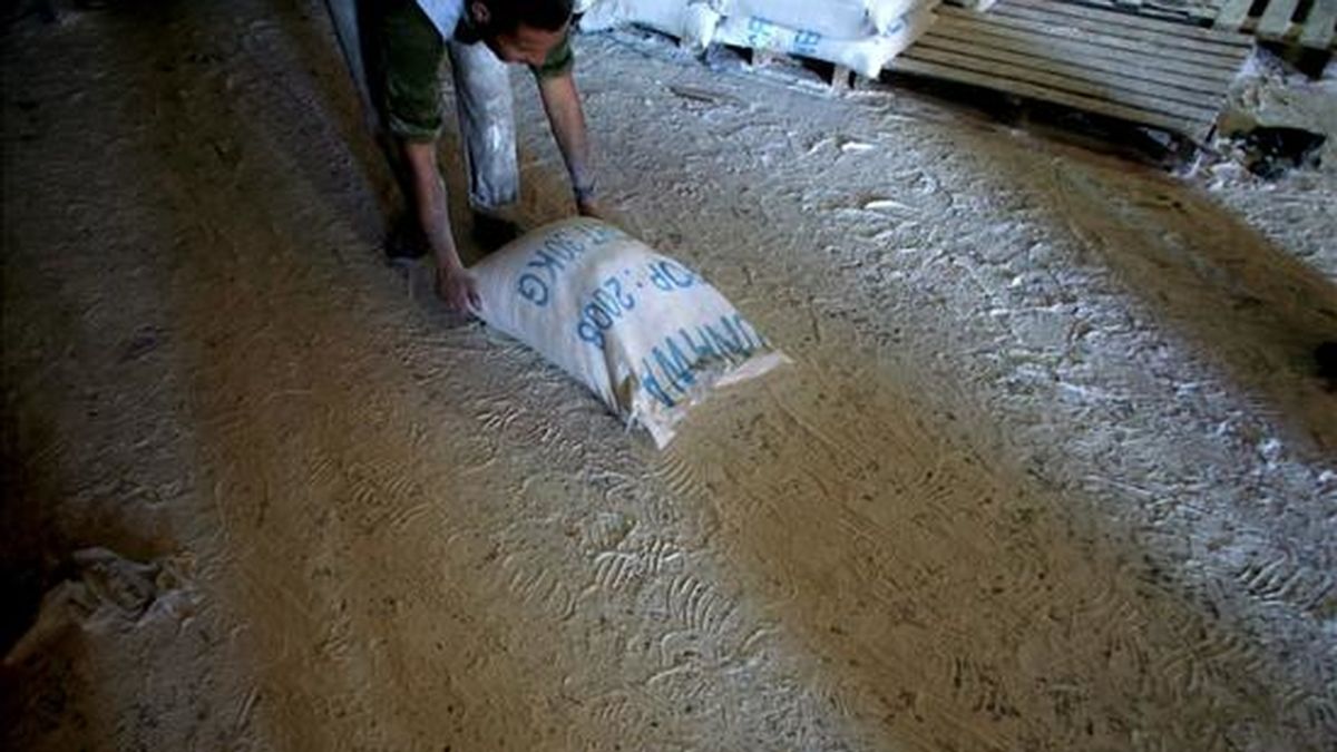 Un palestino arrastra un saco de comida en un centro de reparto de ayuda humanitaria de Naciones Unidas en el campo de refugiados de Al Shatea, Gaza. EFE/Archivo