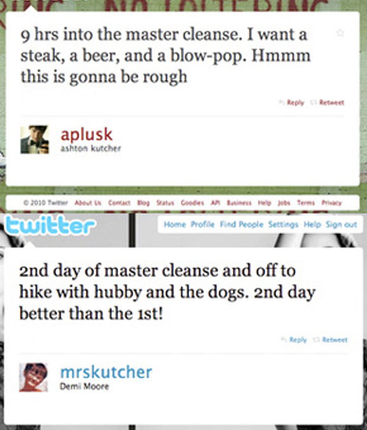 Ashton Kutcher y Demi Moore hablan de su dieta en Twitter.