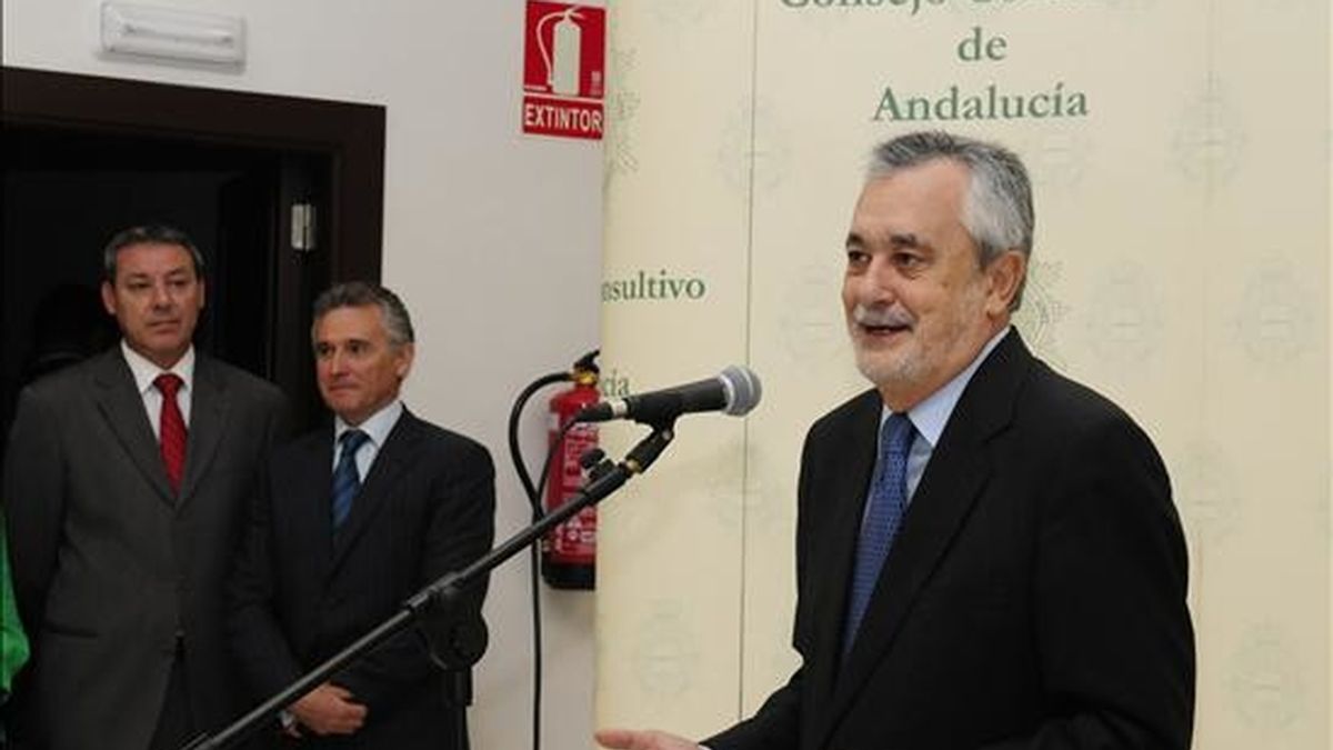 El presidente de la Junta de Andalucía, Jose Antonio Grilñán (d), junto a los consejeros de Educación, Francisco Alvarez de la Chica (i) y de Cultura, Paulino Plata (c), durante la presentación de la memoria del Consejo Consultivo correspondiente al año 2009 en el nuevo edificio de este organismo en Granada. EFE