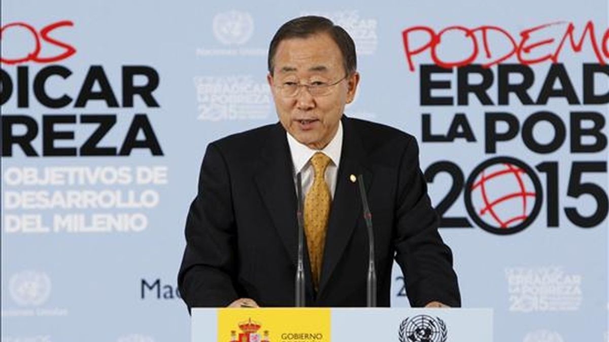 El secretario general de la ONU, Ban Ki-moon, durante su intervención en la reunión del Grupo de Impulso de los Objetivos del Milenio de la ONU que se celebra en Madrid. EFE