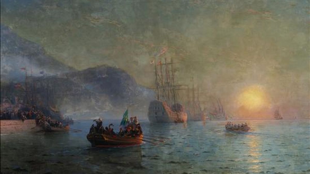 Reproducción del lienzo creado por Ivan Konstantinovich Aivazovsky en 1892 titulado "Colón navegando desde Palos" que fue vendido hoy, 22 de abril 2009, por la casa de subastas Sotheby's por un monto de 594.500 dólares. EFE