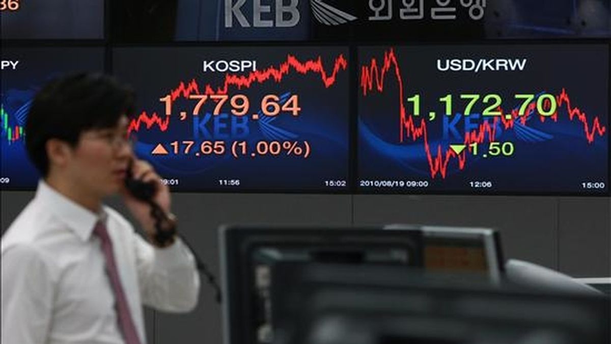 Un agente habla por teléfono frente a una pantalla en la que se reflejan los datos de los parqués internacionales, en la Bolsa de Seúl . EFE/Archivo