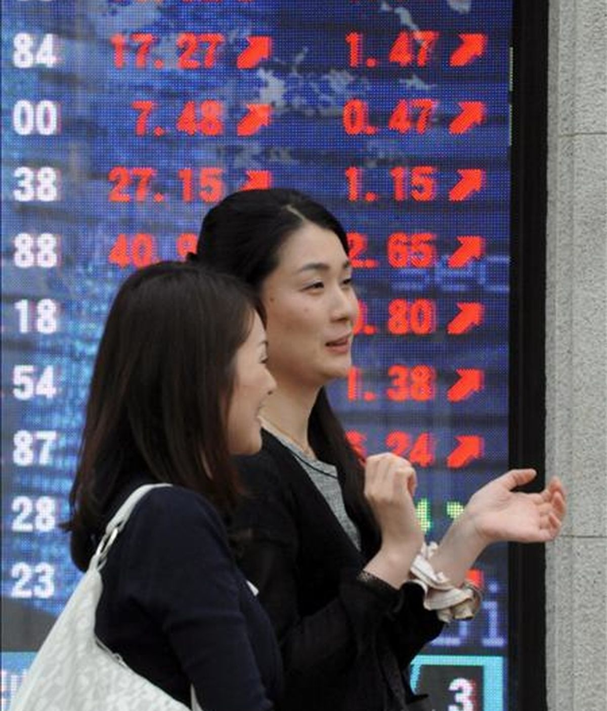 Dos jóvenes pasan una pantalla electrónico con el valor del índice Nikkei, en el centro de Tokio. EFE