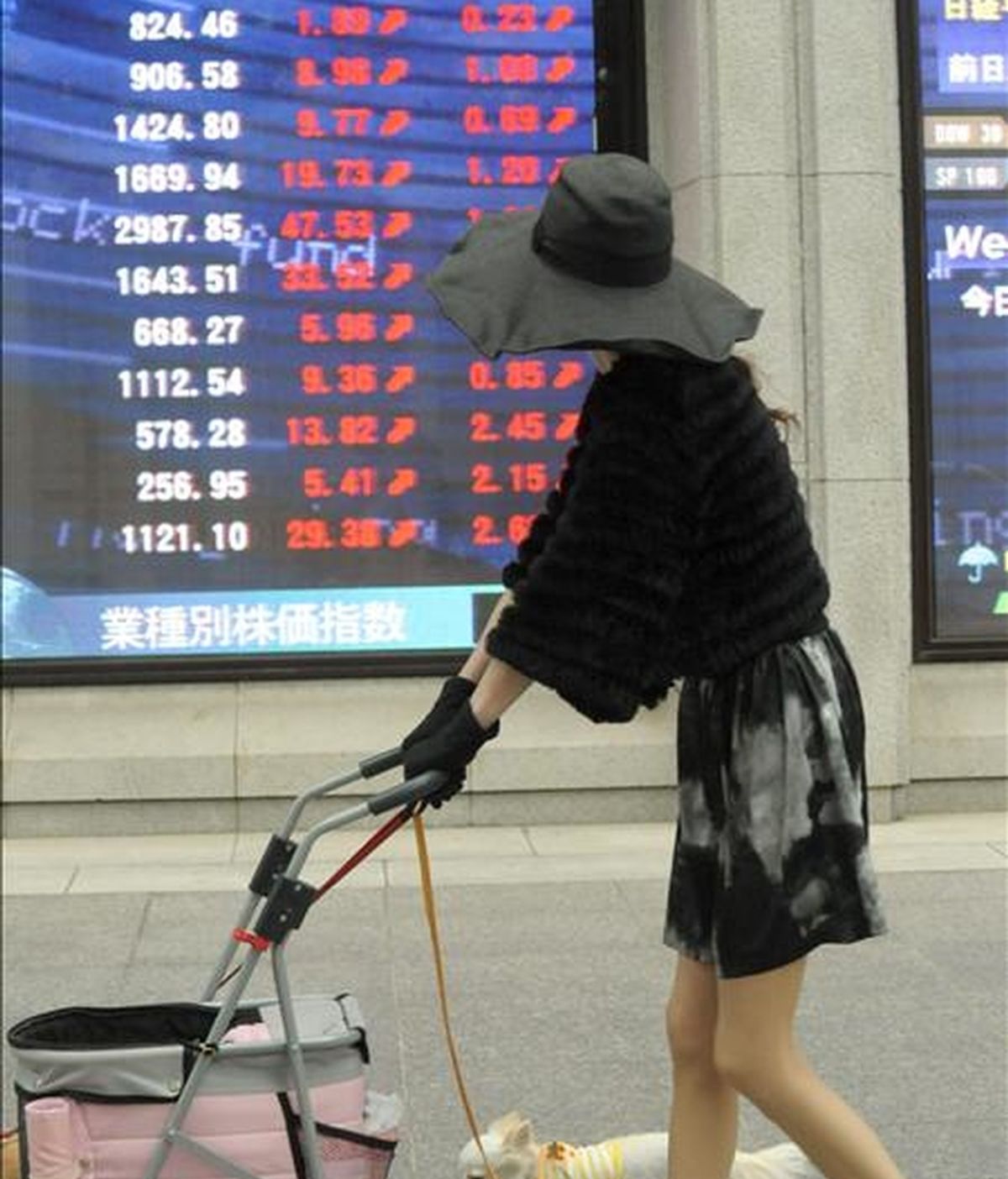 Una mujer camina frente a un tablero electrónico con los ínidices de la bolsa de Tokio. EFE/Archivo