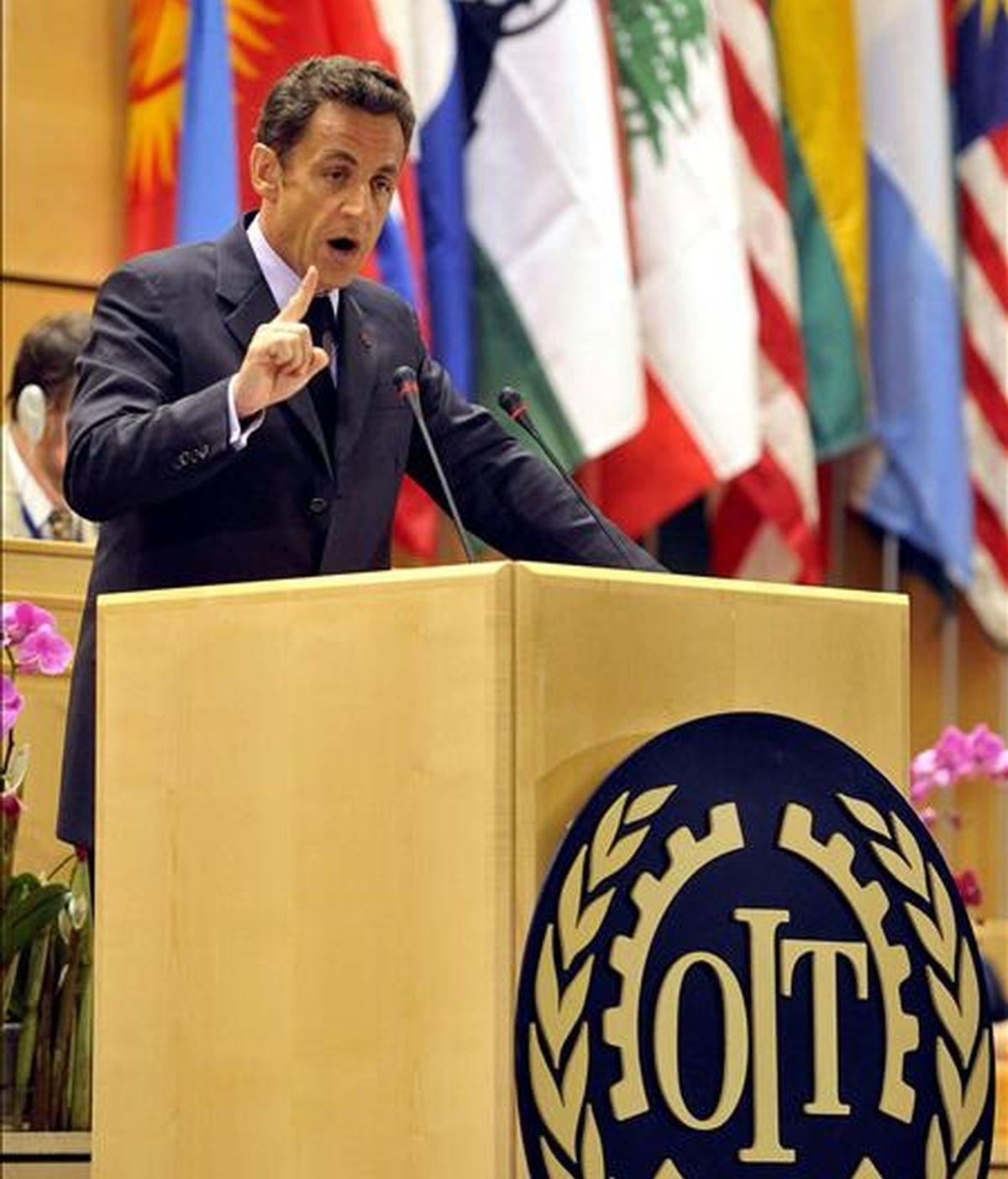 El presidente de Francia, Nicolás Sarkozy, durante su intervención en la 98º Cumbre Mundial del Empleo que se está celebrando en Ginebra, Suiza. EFE