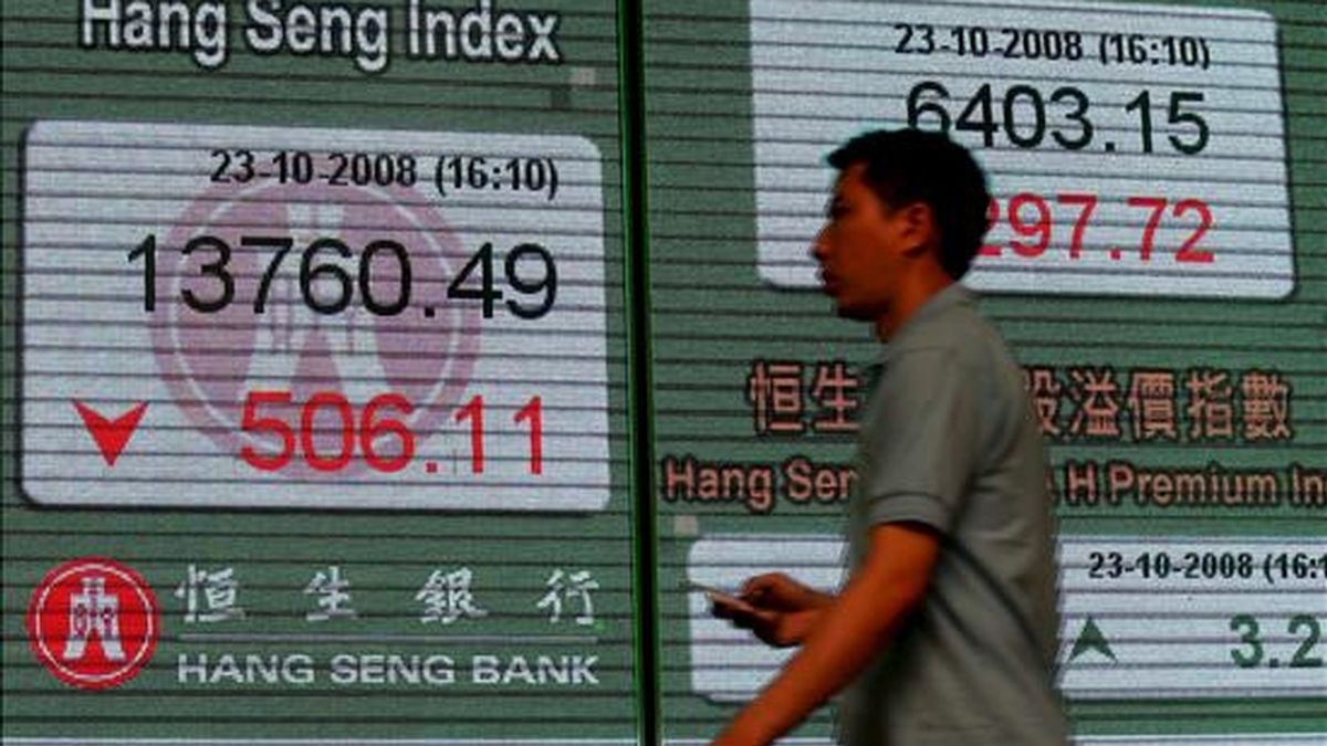 Un viandante pasa por delante de un panel electrónico con información del Índice Hang Seng en un banco de Hong Hong. EFE/Archivo