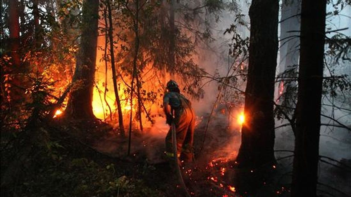 Un bombero trabajando en las labores de extinción de un incendio forestal, en la villa de Ryazanovskiy, ubicada a casi 150 kilómetros de Moscú. EFE
