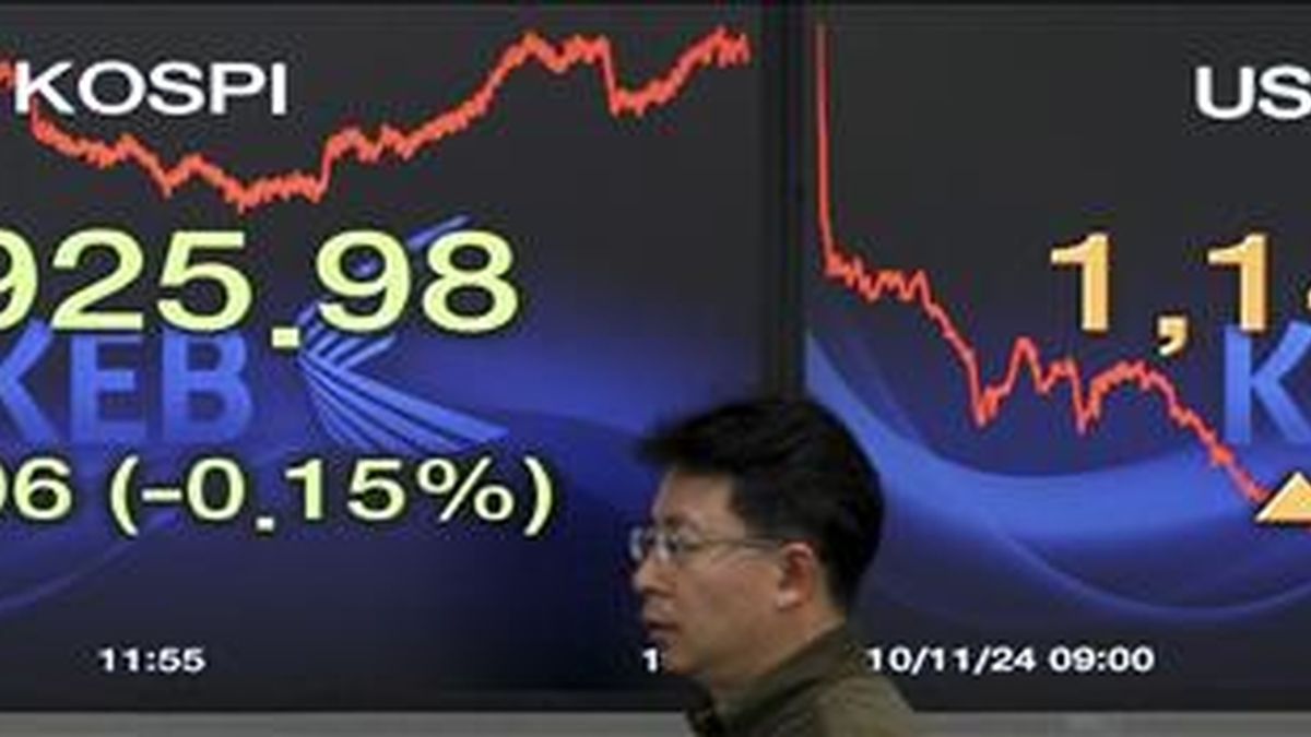 Un agente de bolsa pasa junto a un panel que muestra el valor alcanzado por el índice Kospi del mercado surcoreano en Seúl (Corea del Sur). EFE/Archivo