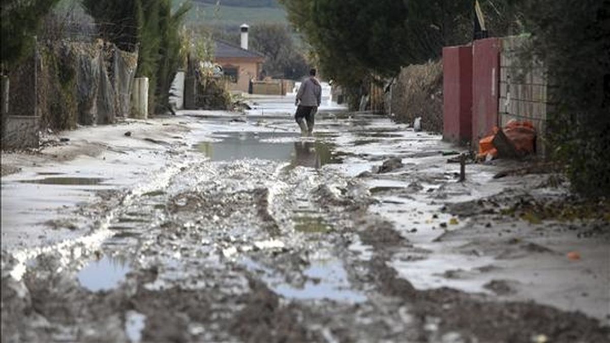 En la imagen de ayer, un hombre camina entre el barro en una zona de la parcelación Guadalvalle, una de las más afectadas por la crecida experimentada por el río Guadalquivir a su paso por Córdoba. EFE