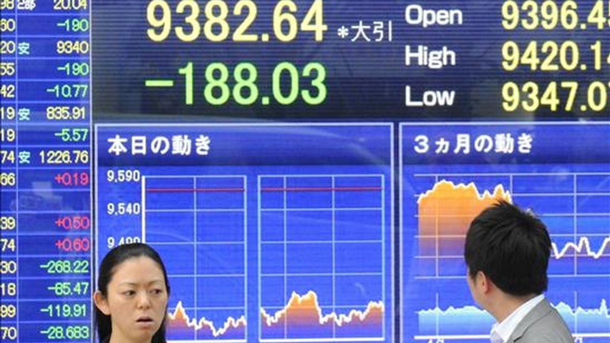 Dos personas pasan por delante de un monitor en el que se muestran las variaciones del índice Nikkei. EFE/Archivo