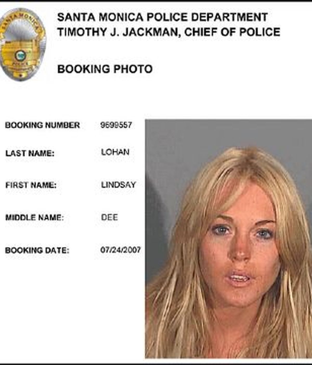 Página del expediente de Lindsay Lohan en la comisaría de Los Angeles.