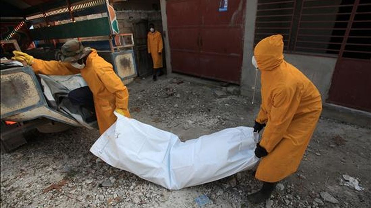 Miembros del personal de salud pública de Haití trasladan el cadavér de una víctima de cólera. EFE/Archivo