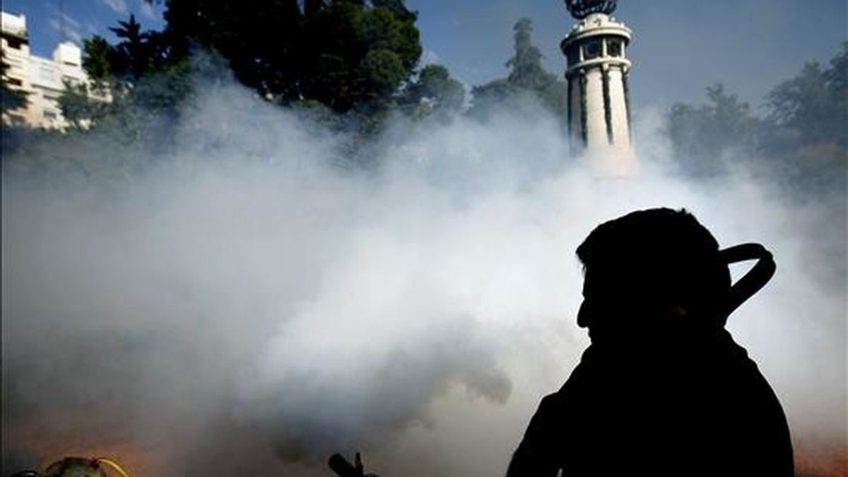 Imagen de un empleado del ministerio de Medio Ambiente de Argentina mientras realiza tareas de fumigación para controlar la afluencia de mosquitos transmisores del dengue. EFE/Archivo