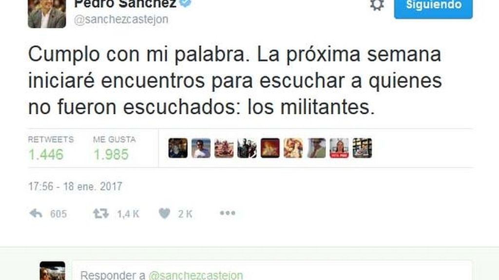 Pedro Sánchez cumple su palabra y empezará a hablar con los militantes