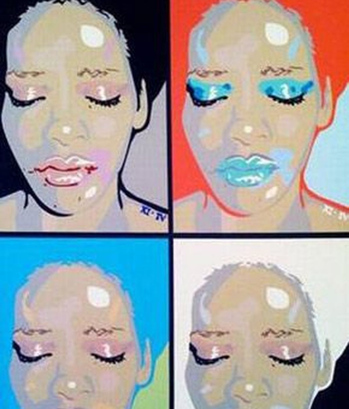 La obra del artista Sham Ibrahim, se basa en la tristemente célebre fotografía de la policía en la que Rihanna apareca amoratada y ensangrentada.