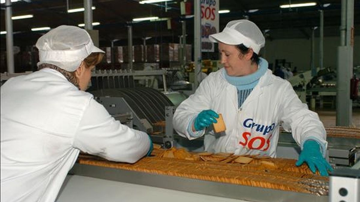 Dos empleadas seleccionan y colocan galletas en las instalaciones industriales del Grupo SOS Cuétara. EFE/Archivo