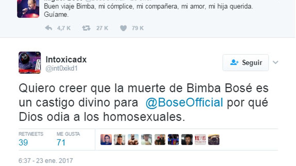 tuit ofensivos Bimba Bosé, Bimba Bosé