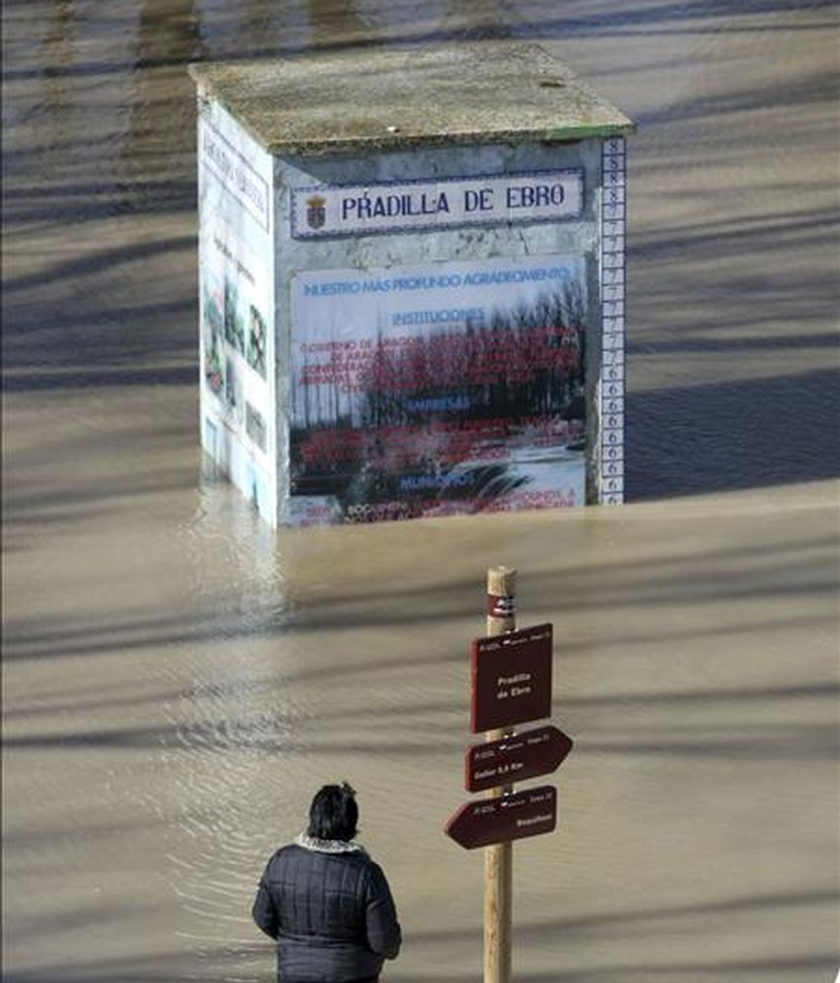 Una vecina de la localidad zaragozana de Pradilla contempla la crecida del rio Ebro, provocada por las intensas lluvias en el norte de la península y el deshielo por el aumento de las temperaturas. EFE