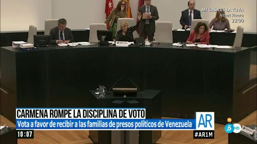 Manuela Carmena rompe la disciplina y vota con el PP a favor de los presos de Venezuela