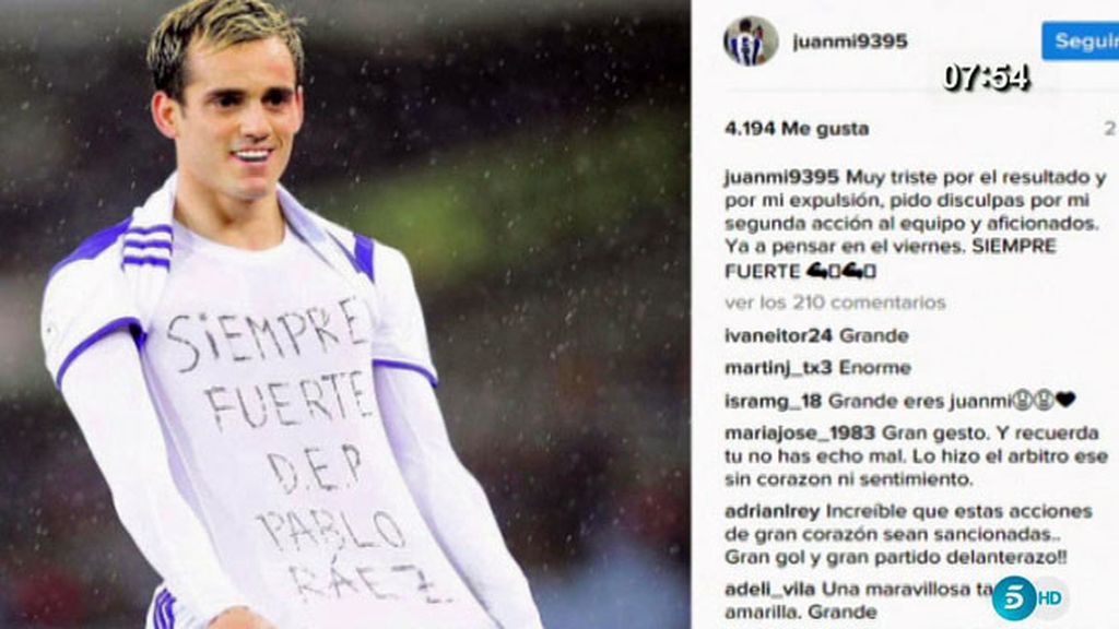 Juanmi contesta a su amarilla por dedicar el gol a Pablo Ráez en redes: "Siempre fuerte"